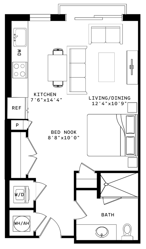 Floor plan for studio, 1 bath, 534 sqft